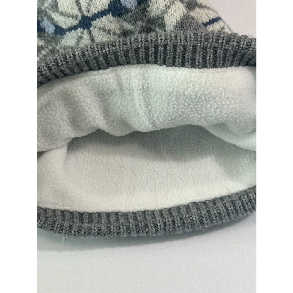 Muk Luks Fair Isle Pom Beanie Gray Blue Knit Winter Hat Faux Fur Pom One Size